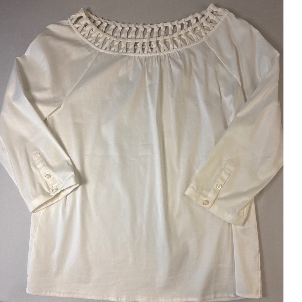 Vineyard Vines White Lattice Neck 3/4 Sleeve Blouse Top 2W0675 Womens 10